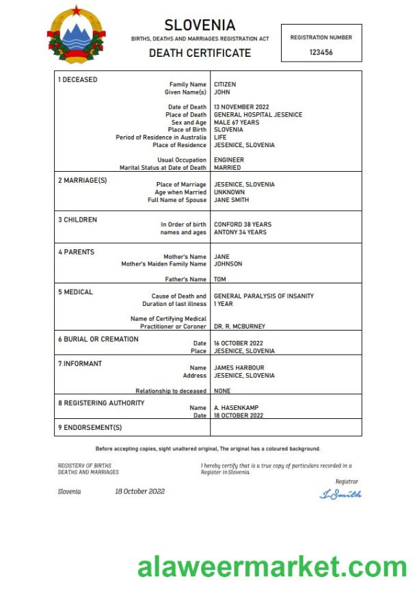 Slovenia vital record death certificate Word and PDF template